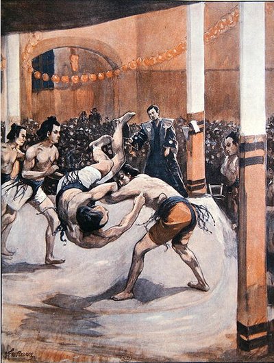 Traditioneel Japans Worstelen: Sumo worstelaars tonen hun kunst op de Japanse Tentoonstelling in Londen in 1910 door Joseph (after) Finnemore