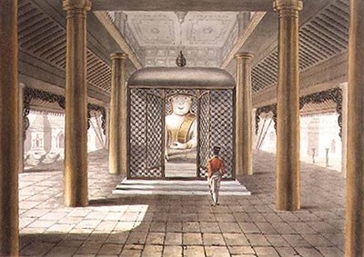 Een soldaat staande in een tempel in Rangoon, gegraveerd door George Hunt door Joseph (after) Moore