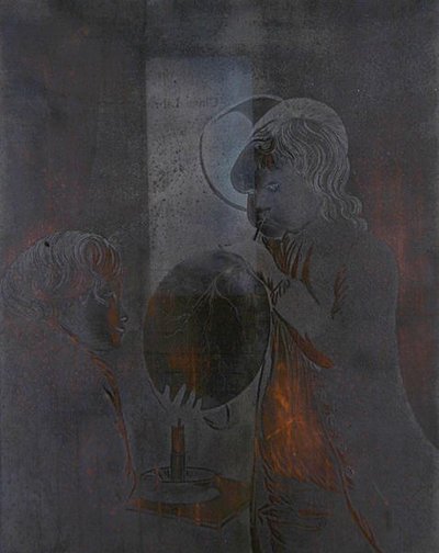 Plaat voor Twee jongens die een blaas opblazen bij kaarslicht, geaquarelleerd door Peter Perez Burdett door Joseph (after) Wright of Derby