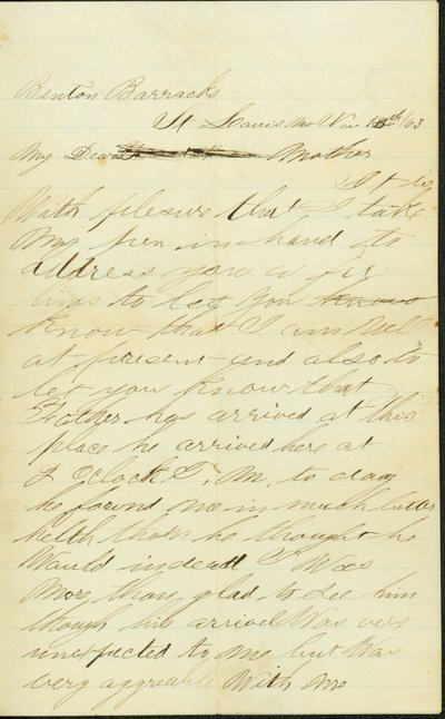 Brief ondertekend Joseph A. Fardell, Benton Barracks, St. Louis, Mo., aan Moeder, 12 november 1863 door Joseph A. Fardell