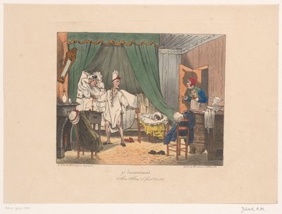 Hotelhoudster stuurt dame en heer uit kamer door Joseph Ambroise Jobard