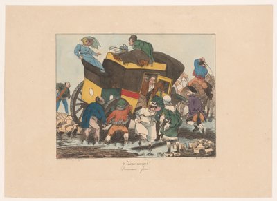 Omnibus met passagiers zit vast in de modder door Joseph Ambroise Jobard