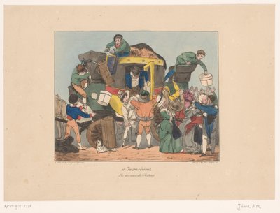 Passagiers stappen na terugreis uit een omnibus door Joseph Ambroise Jobard