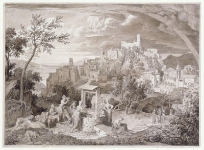 Gezicht op de stad Olevano, provincie Rome, Italië, met de regenboog door Joseph Anton Koch