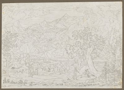 De Grindelwald-gletsjer met jager en boerenmeisje op de voorgrond, ca. 1823 door Joseph Anton Koch
