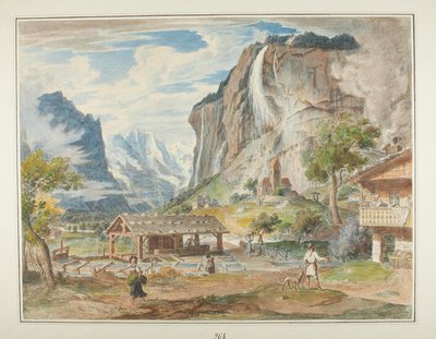 De Staubbachwatervallen en de berg Jungfrau in het Lauterbrunnendal in Zwitserland door Joseph Anton Koch