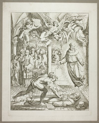 De strijd tussen de duivel en Franciscus van Assisi om de ziel van Guido da Montefeltro, plaat drie uit Darstellungen aus Dante