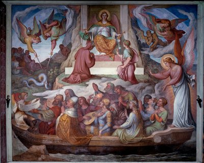 De boot van zielen en de ingang van Dante en Virgil in de berg van het Vagevuur - Fresco door Joseph Anton Koch