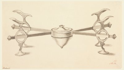 Ontwerp voor een schotelstandaard met uitschuifbare armen en een kleine spirituslamp door Joseph Anton Seethaler Ii