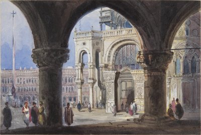 Kerk en Piazza San Marc in Venetië, geplakt in Thomas Moodys Journal of a tour through Switzerland and Italy, 1822 door Joseph Axe Sleap