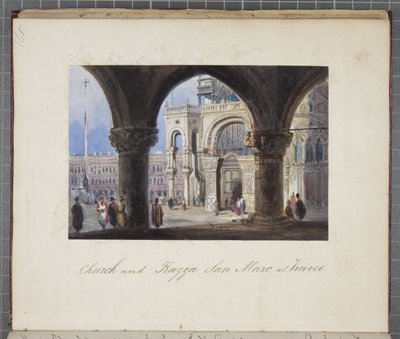 Kerk en Piazza San Marc in Venetië, geplakt in Thomas Moodys Journal of a tour through Switzerland and Italy, 1822 door Joseph Axe Sleap