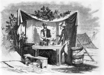 Kampscènes - een legerapotheek - de ziekenhuisbeheerder, naar een schets van onze speciale kunstenaar, Joseph Becker, uitgegeven 1864 door Joseph Becker