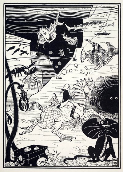 Er was een grote verscheidenheid aan hoge, nobele bomen, beladen met zeevruchten, zoals kreeften, krabben, oesters, uit De verrassende avonturen van Baron Munchausen, uitgegeven 1895 door Joseph Benwell Clark