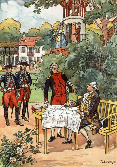 Franse koning Lodewijk XVI en navigator Jean Francois de Galaup, graaf van Laperouse (1741-1788) in 1785, illustratie door JL Beuzon 1933 door Joseph Beuzon
