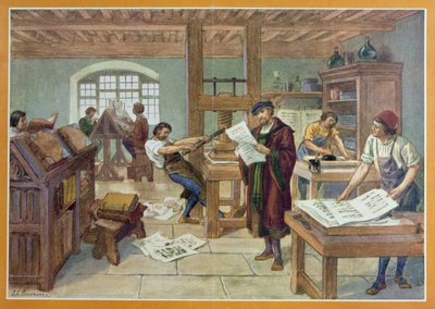 De uitvinding door Gutenberg van de boekdrukkunst met losse letters, illustratie uit 