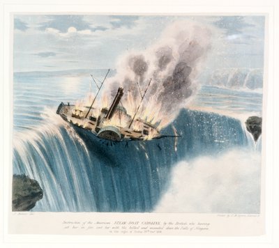 Vernietiging van de Amerikaanse stoomboot Caroline door de Britten, die haar in brand staken en met de doden en gewonden de Niagara-watervallen afstuurden op de nacht van vrijdag 29 december 1838 door Joseph Bouvier