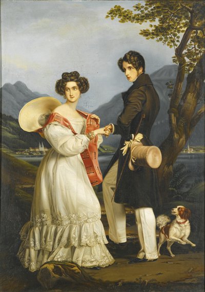 Hertog Maximiliaan Jozef in Beieren en Ludovika van Beieren bij Schloss Tegernsee door Joseph Carl Stieler