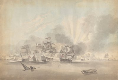 Gevechtsscène: Slagschepen, fregatten en korvetten; Zinkende boot en roeiboot door Joseph Cartwright