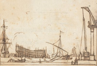 Havenscène: Boten en Schepen van Verschillende Grootten; Scheepsbouw; Katrolachtige Machines met Bedieners door Joseph Cartwright
