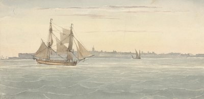 Enkele brik (?) Een ander zeilschip tegen de achtergrond van de stad door Joseph Cartwright