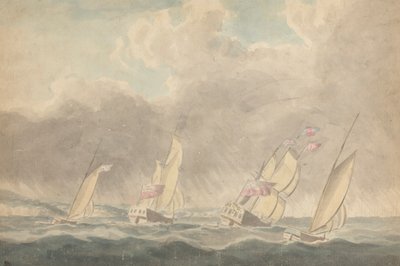 Twee oorlogssloepen, één bark en één schoener (?), achterstevoren in zware zeeën; verschillende zeilschepen op de achtergrond door Joseph Cartwright