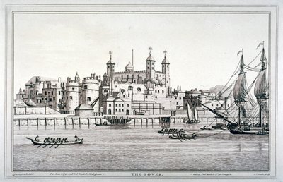 Zuidelijk uitzicht op de Tower of London met boten op de rivier de Theems, 1795 door Joseph Constantine Stadler