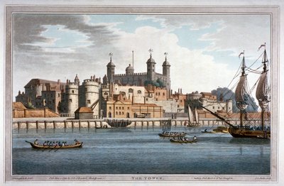 Zuidelijk uitzicht op de Tower of London met boten op de rivier de Theems, 1795 door Joseph Constantine Stadler