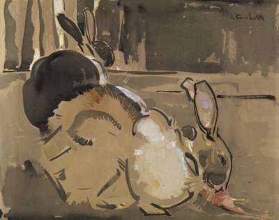 Twee konijnen, een eet wortels door Joseph Crawhall