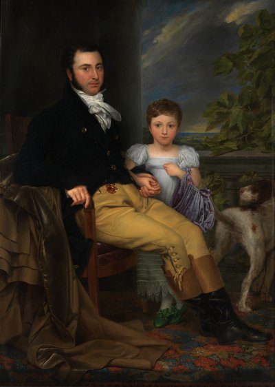 Portret van een prominente heer met zijn dochter en een jachthond door Joseph Denis Odevaere