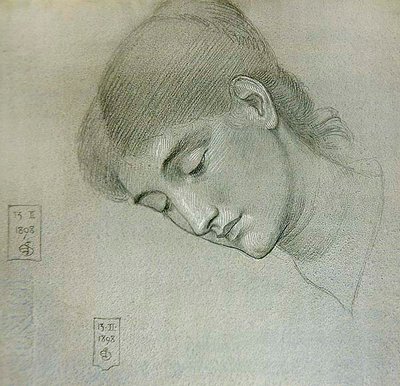 Hoofdstudie van een meisje dat naar beneden kijkt door Joseph Edward Southall