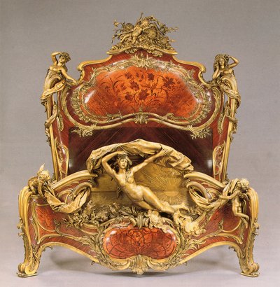 Een Louis XV stijl ormolu-gemonteerd tulpenhout, koningshout en marqueterie groot rustbed door Joseph Emmanuel Zwiener