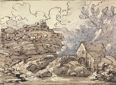 Een molen bij een waterval door Joseph Farington