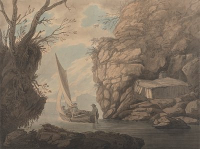 Een zeilboot met drie mannen die een rotsachtige inham verlaten door Joseph Farington