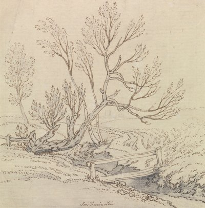 Voetbrug over een stroom bij een wilgenboom door Joseph Farington