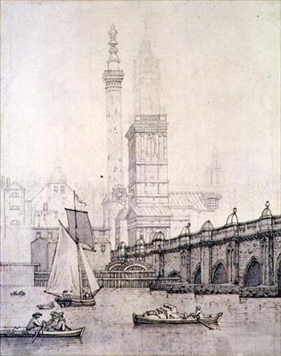 Oude London Bridge en het Monument door Joseph Farington