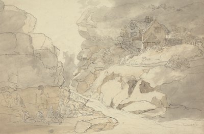 Rustiek en huisjes bij een rivier door Joseph Farington