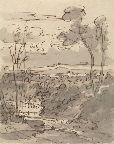 Bomen en Heuvelachtig Landschap door Joseph Farington