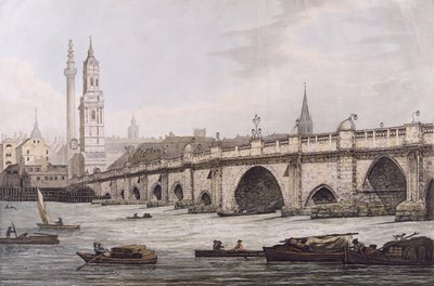 Uitzicht op London Bridge, inclusief de kerk van St. Magus en het Monument, gegraveerd door J.C. Stadler door Joseph Farington