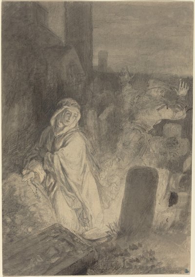 Een man die vlucht voor een biddende non op een kerkhof door Joseph Fay