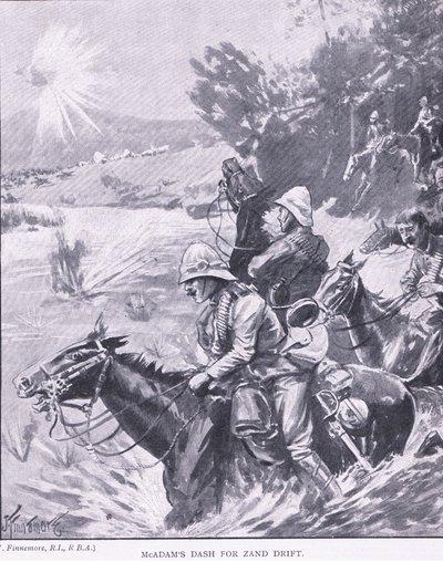 McAdams sprint naar Zand Drift, uit After Pretoria: The Guerilla War gepubliceerd door Harmsworth Bros Limited, 1901 door Joseph Finnemore