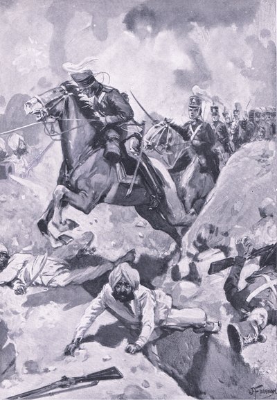 Sobraon: Sir Joseph Thackwell leidt de 3e Lichte Dragoons in enkele rij door enkele Sikh-aardwerken, illustratie uit Britse gevechten op land en zee, 1915 door Joseph Finnemore