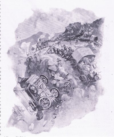 De Boeren vernietigen hun wagens bij Spitzkop, illustratie uit Na Pretoria: De Guerrillaoorlog, 1902 door Joseph Finnemore