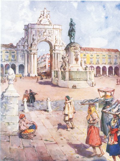 De Praca do Commercio, Lissabon, uit Hutchinsons Pittoresk Europa gepubliceerd door Hutchinson & Son, ca. 1930 door Joseph Finnemore