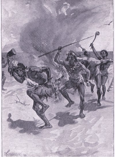 Ze dansten allemaal rond een vuur (litho) door Joseph Finnemore
