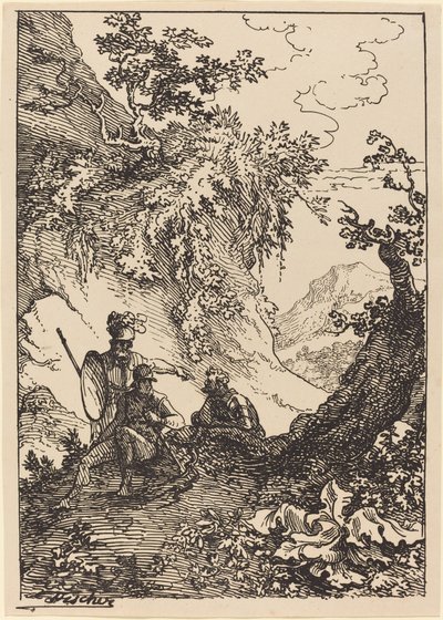 Landschap met mannen in harnas, boomstronk door Joseph Fischer