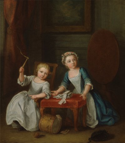 Twee kinderen van de Nollekens familie, waarschijnlijk Jacobus en Maria Sophia, spelend met een tol en speelkaarten door Joseph Francis Nollekens