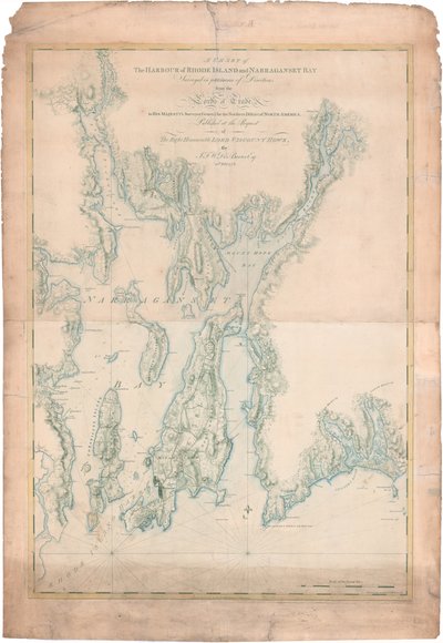 Een kaart van de haven van Rhode Island en Narragansett Bay door Joseph Frederick Wallet DesBarres