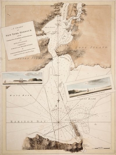 Een kaart van de haven van New York met de dieptes, uitzichten op herkenningspunten en nautische aanwijzingen voor het gebruik van loodsen. Samengesteld uit onderzoeken en observaties van luitenants John Knight, John Hunter van de marine en anderen. door Joseph Frederick Wallet DesBarres