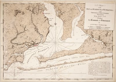 Een kaart van de baai en haven van Pensacola in de provincie West-Florida door Joseph Frederick Wallet DesBarres