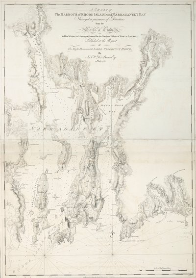 Een kaart van de haven van Rhode Island en Narraganset Bay door Joseph Frederick Wallet DesBarres